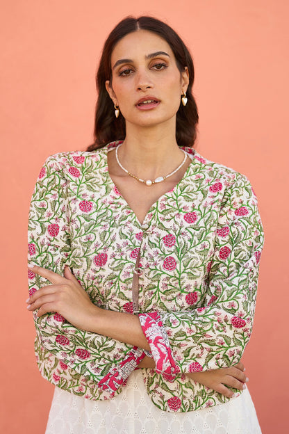 Yumi Pink Floral Reversible Cotton Quilted Jacket