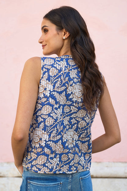 Yumi Blue Leaf Reversible Cotton Quilted Waistcoat