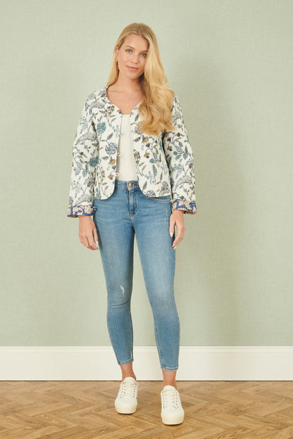 Yumi White Floral Reversible Cotton Quilted Jacket