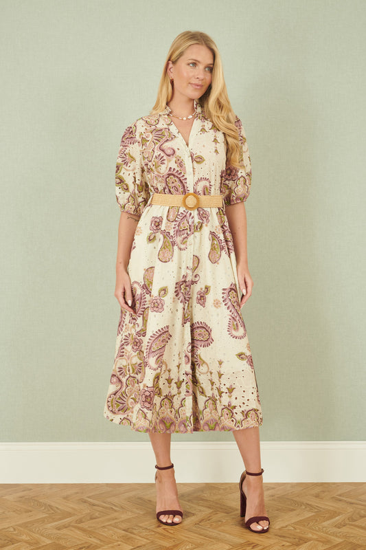 Yumi White Paisley Print Broderie Anglaise Cotton Midi Dress
