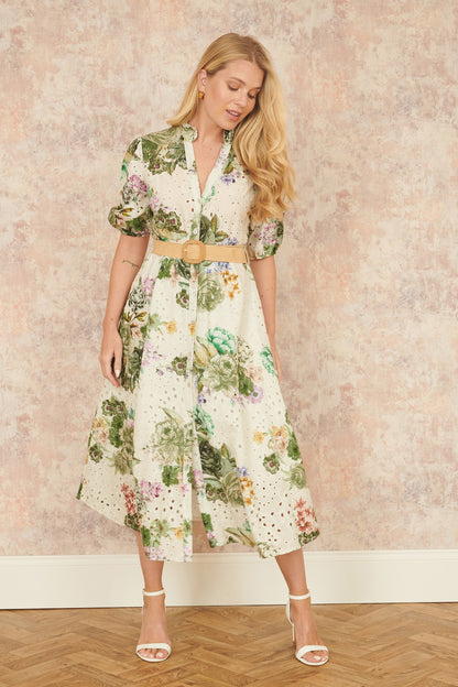 Yumi Green Cotton Broderie Anglaise Midi Shirt Dress