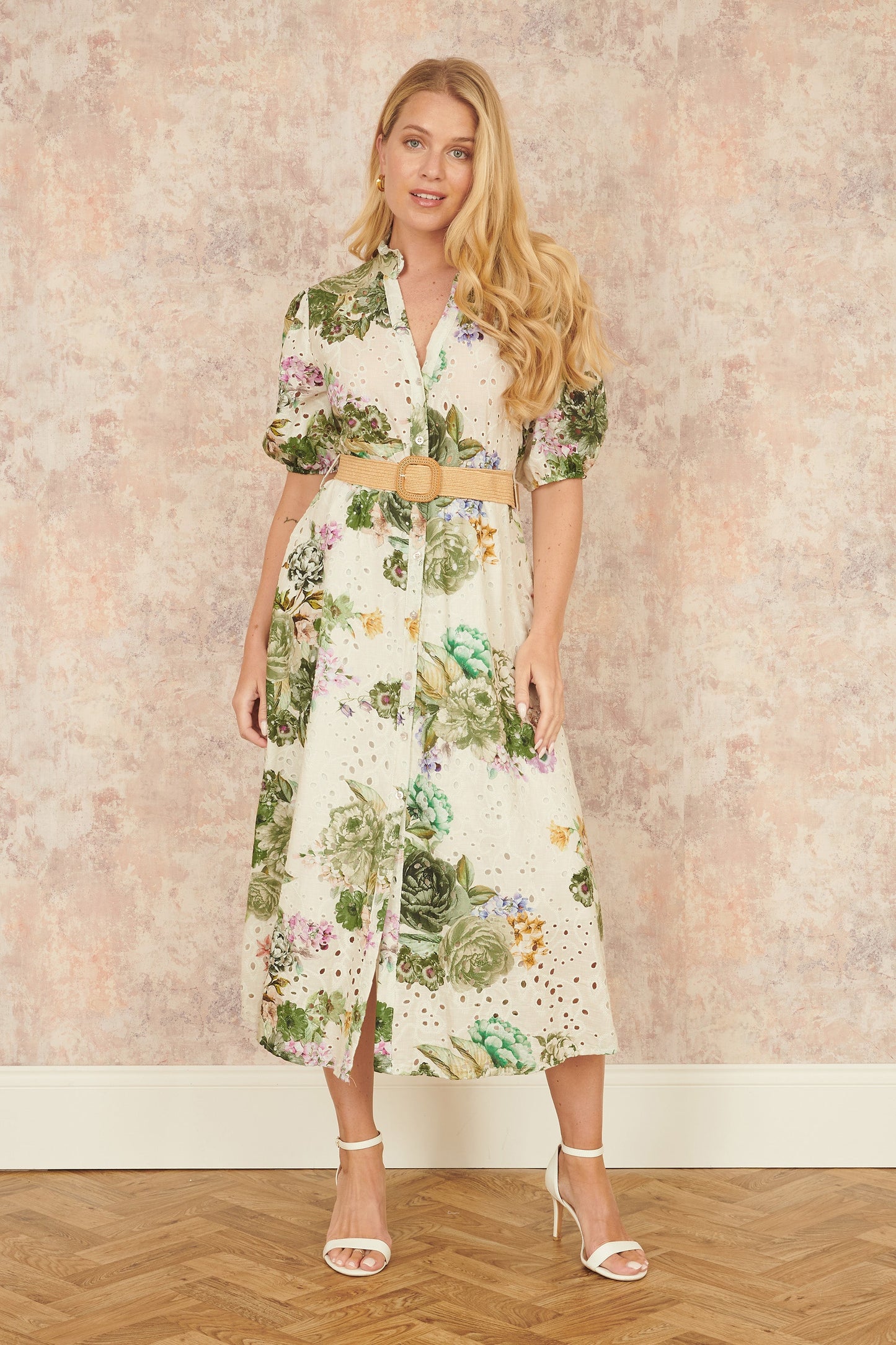 Yumi Green Cotton Broderie Anglaise Midi Shirt Dress