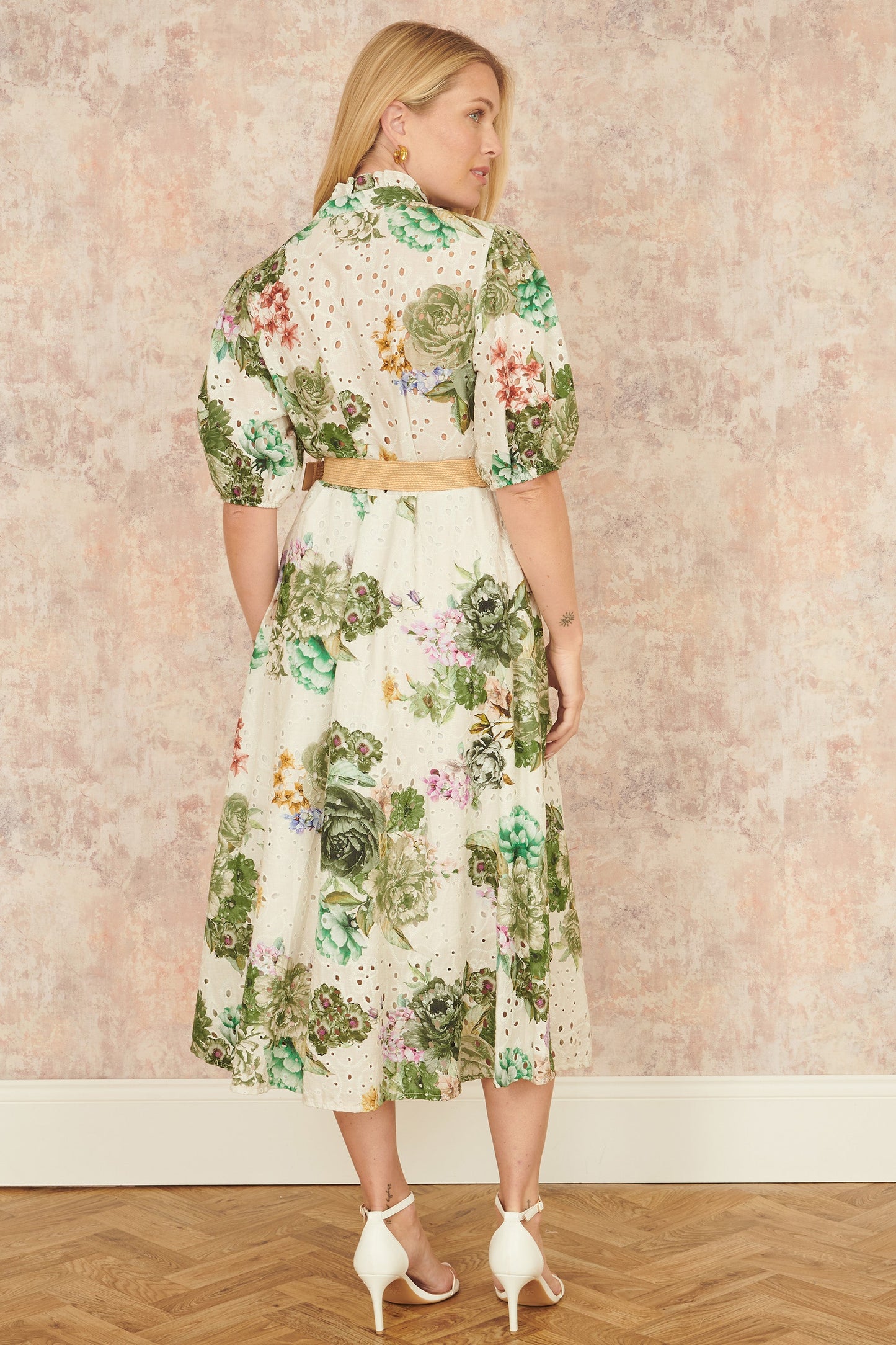 Yumi Green Cotton Broderie Anglaise Midi Shirt Dress