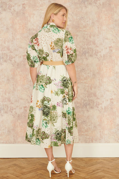 Yumi Green Cotton Broderie Anglaise Midi Shirt Dress