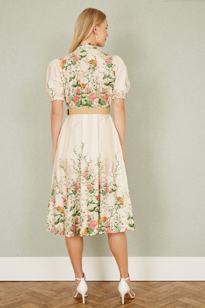 Yumi Ivory Cotton Printed Midi Floral Placement Shirt Dress