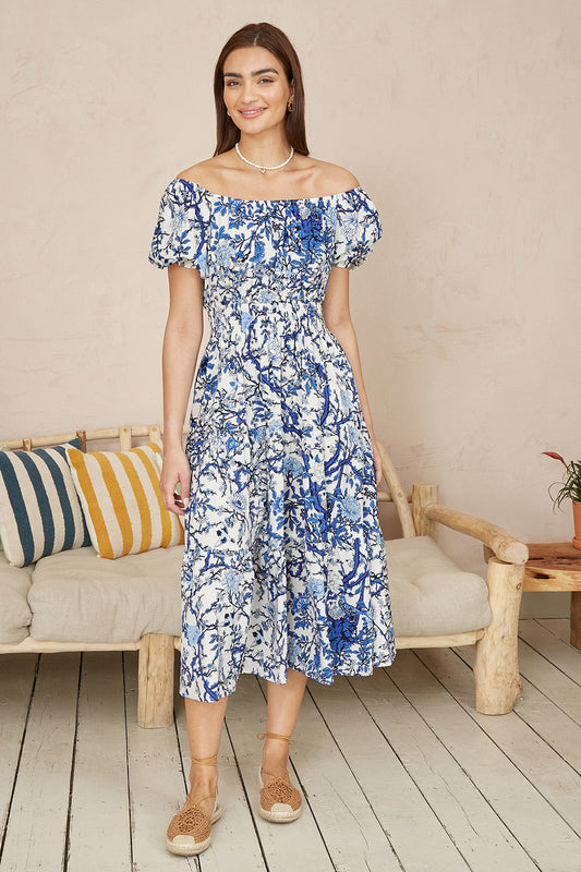 Yumi Blue Ruched Waist Bardot Blossom Tree Print Midi Dress