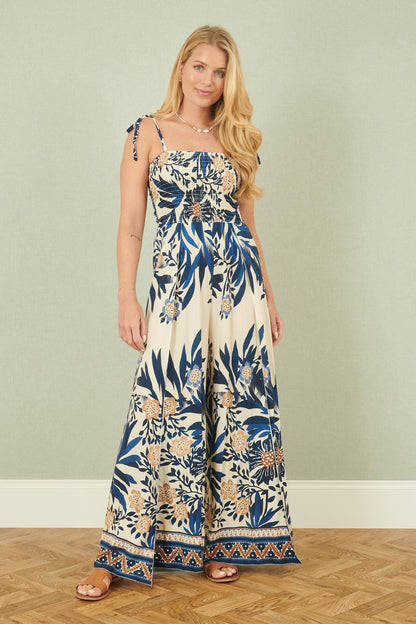 Yumi Navy Palm Print Strappy Viscose Jumpsuit