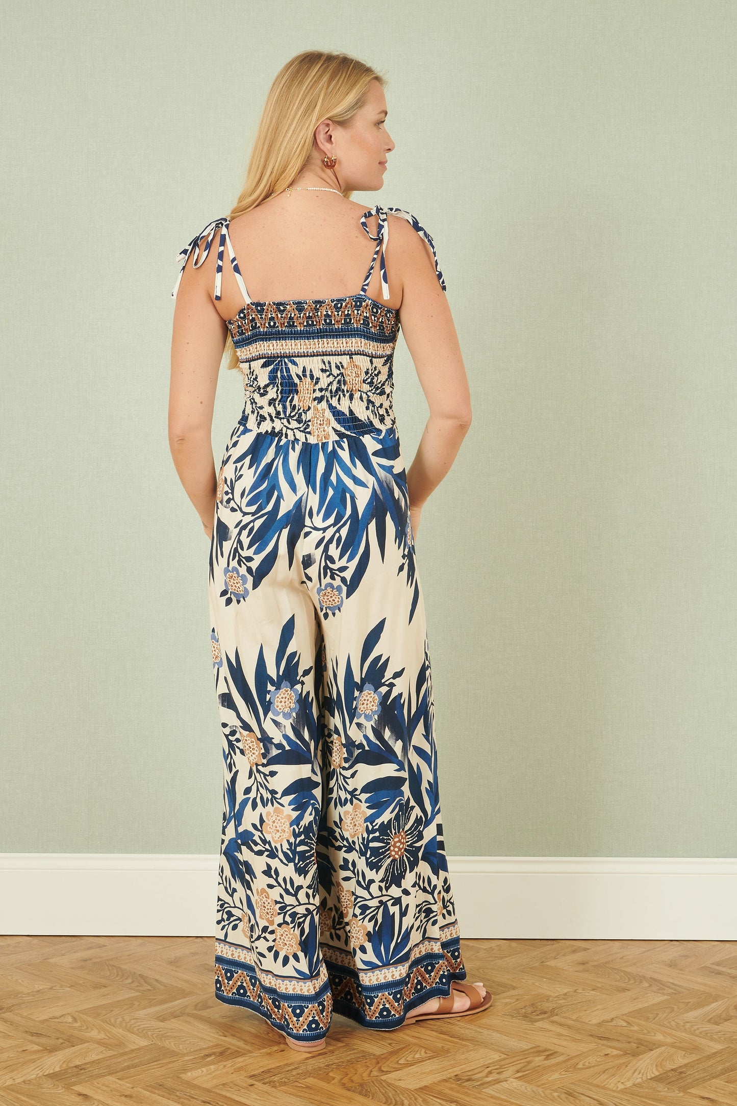 Yumi Navy Palm Print Strappy Viscose Jumpsuit