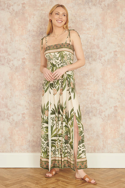 Yumi Green Palm Print Strappy Viscose Jumpsuit