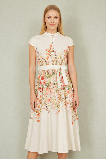 Yumi White Linen Floral Mirrored Placement Skater Dress