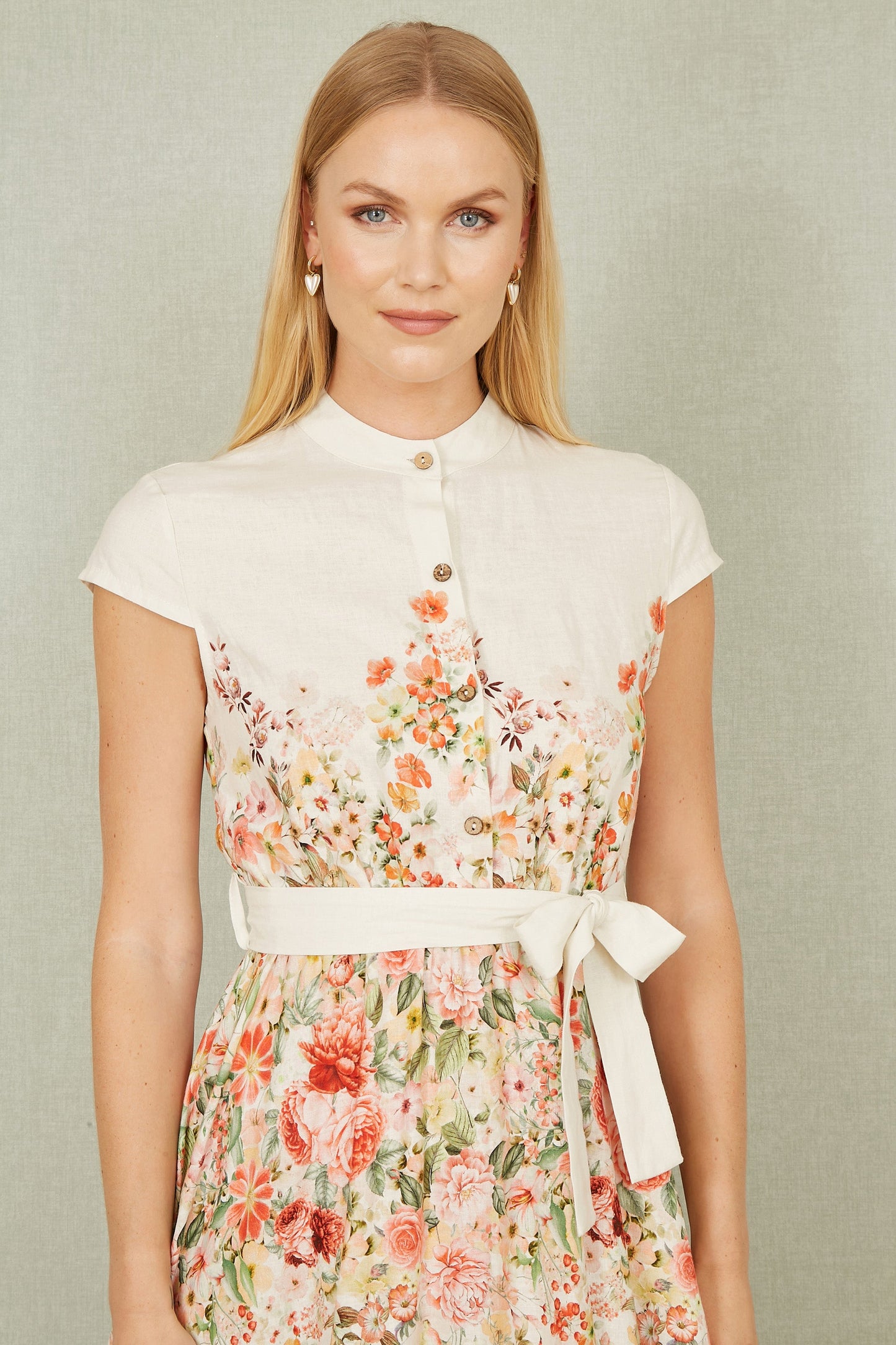 Yumi White Linen Floral Mirrored Placement Skater Dress