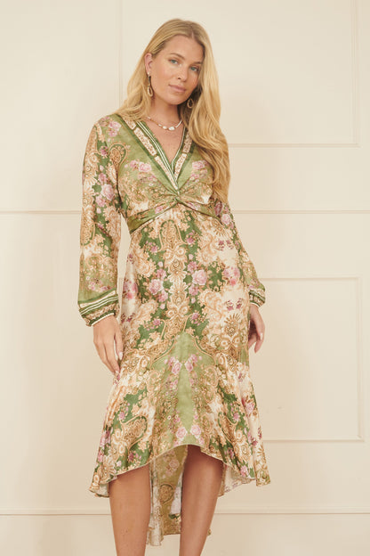Yumi Green Viscose Scarf Print Tie Front Midi Dress With Dip Hem