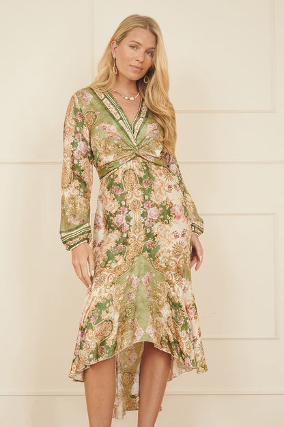 Yumi Green Viscose Scarf Print Tie Front Midi Dress With Dip Hem