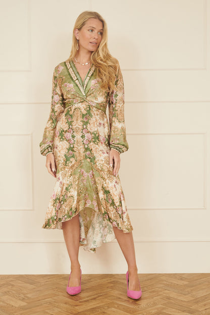 Yumi Green Viscose Scarf Print Tie Front Midi Dress With Dip Hem