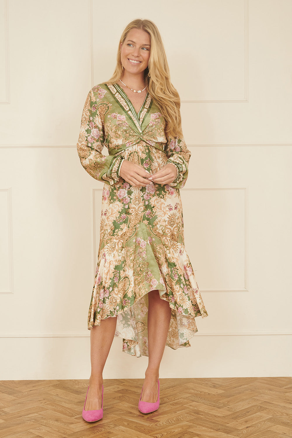 Yumi Green Viscose Scarf Print Tie Front Midi Dress With Dip Hem