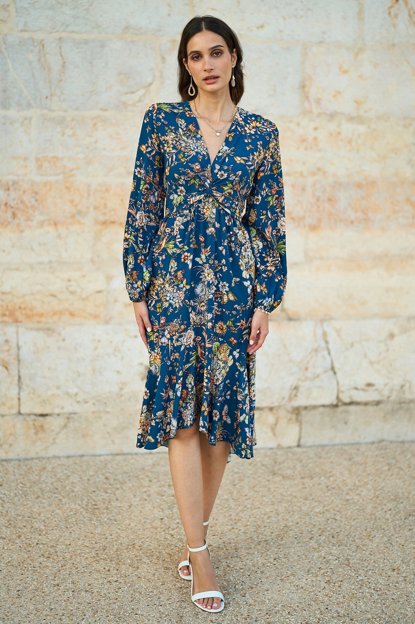 Yumi Blue Butterly Floral Tie Knot Front Long Sleeve Midi Dress