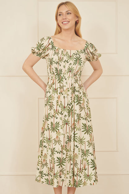 Yumi White Cotton Palm Print Ruched Midi Dress