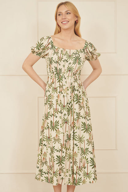 Yumi White Cotton Palm Print Ruched Midi Dress