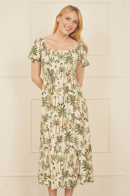 Yumi White Cotton Palm Print Ruched Midi Dress