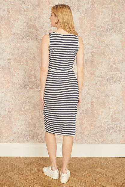 Yumi Navy Striped Jersey Ruched Midi Dress