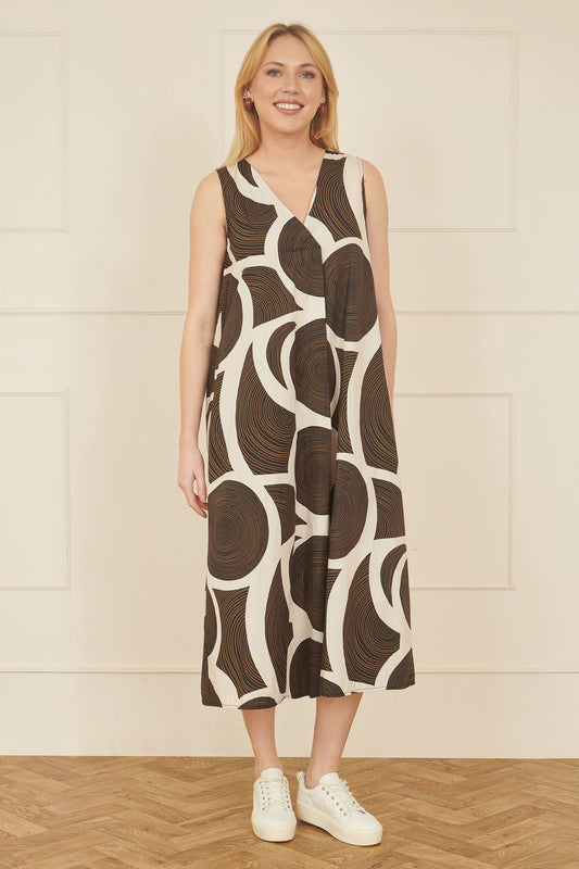 Yumi Brown Cotton Abstract Circle Trapeze Relaxed Midi Dress