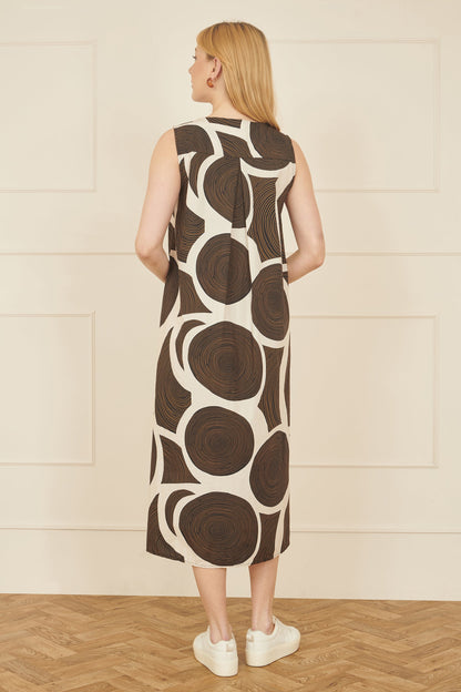 Yumi Brown Cotton Abstract Circle Trapeze Relaxed Midi Dress
