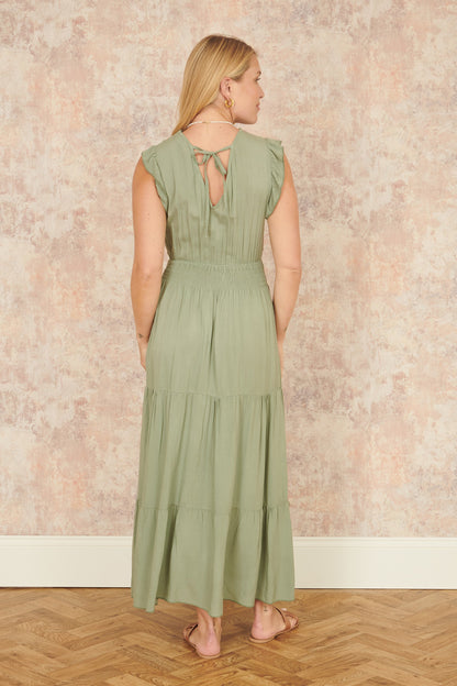 Yumi Green Viscose Lace Trim Wrap Maxi Dress