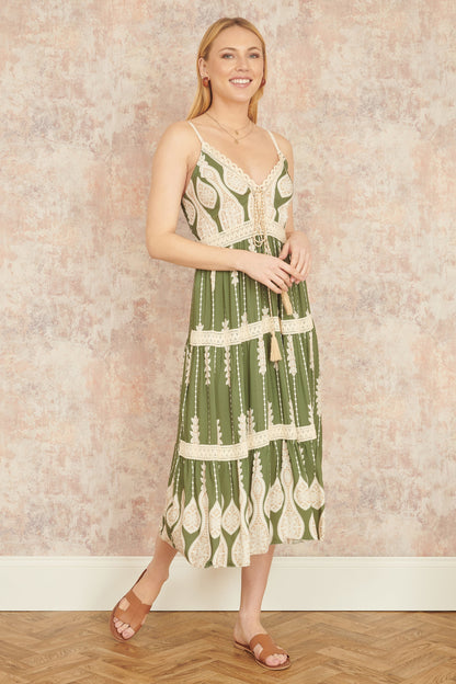 Yumi Green Viscose Paisley Print Lace Trim Midi Sun Dress