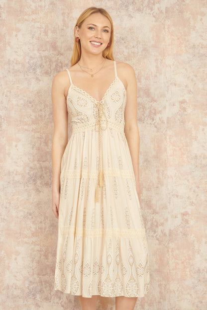 Yumi Beige Viscose Paisley Print Lace Trim Midi Sun Dress