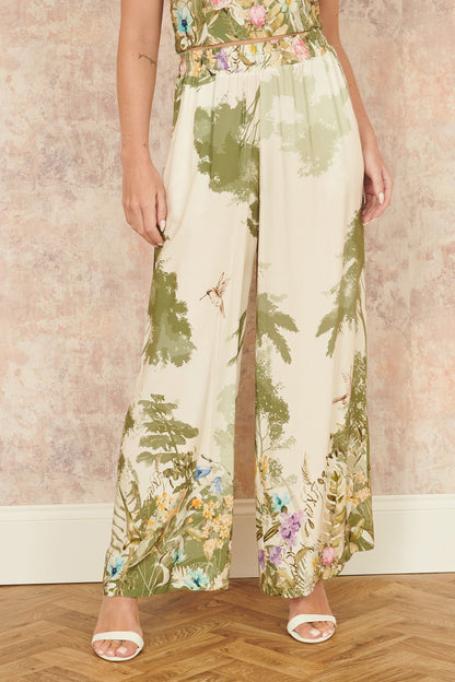 Yumi White Palm Print Wide Leg Trousers