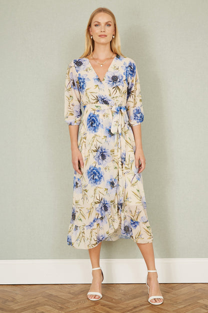 Yumi Cream Vintage Floral Wrap Midi Dress With Frill