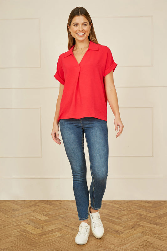 Yumi Red Stretch Relaxed Top With Collar
