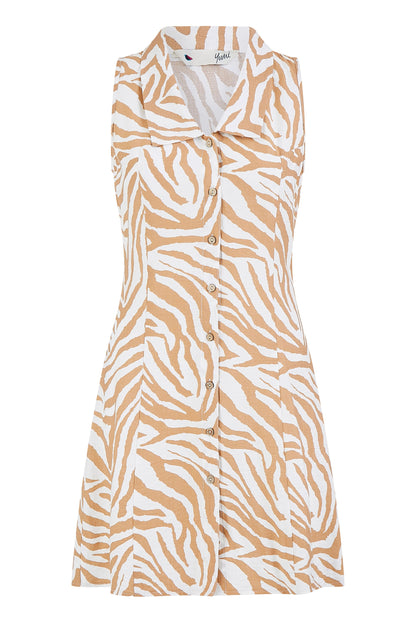 Yumi Brown Zebra Print Collar Sleeveless Shirt Mini Dress