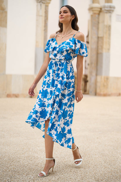Yumi Blue Floral Print Bardot Midi Dress With Dip Hem