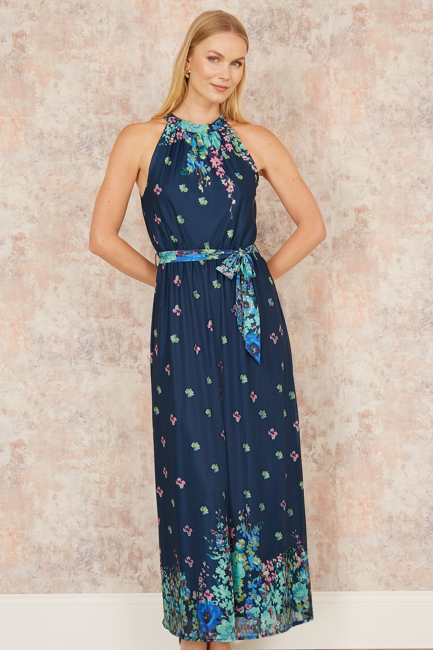 Yumi Navy Mirror Floral Print Maxi Halter neck Dress