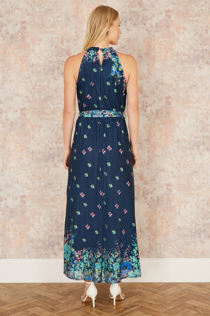 Yumi Navy Mirror Floral Print Maxi Halter neck Dress