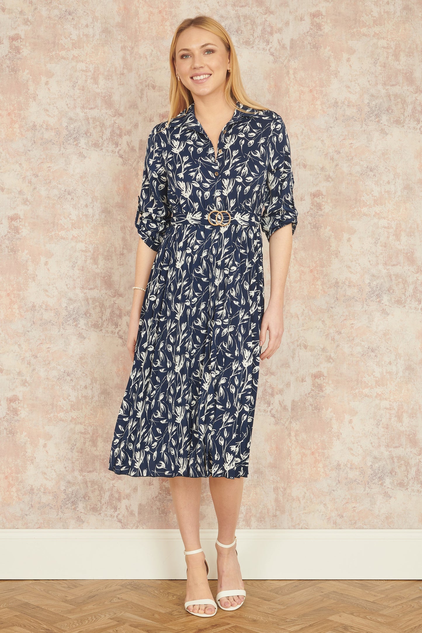 Yumi Navy Floral Print Pleated Skater Dress With Buckle