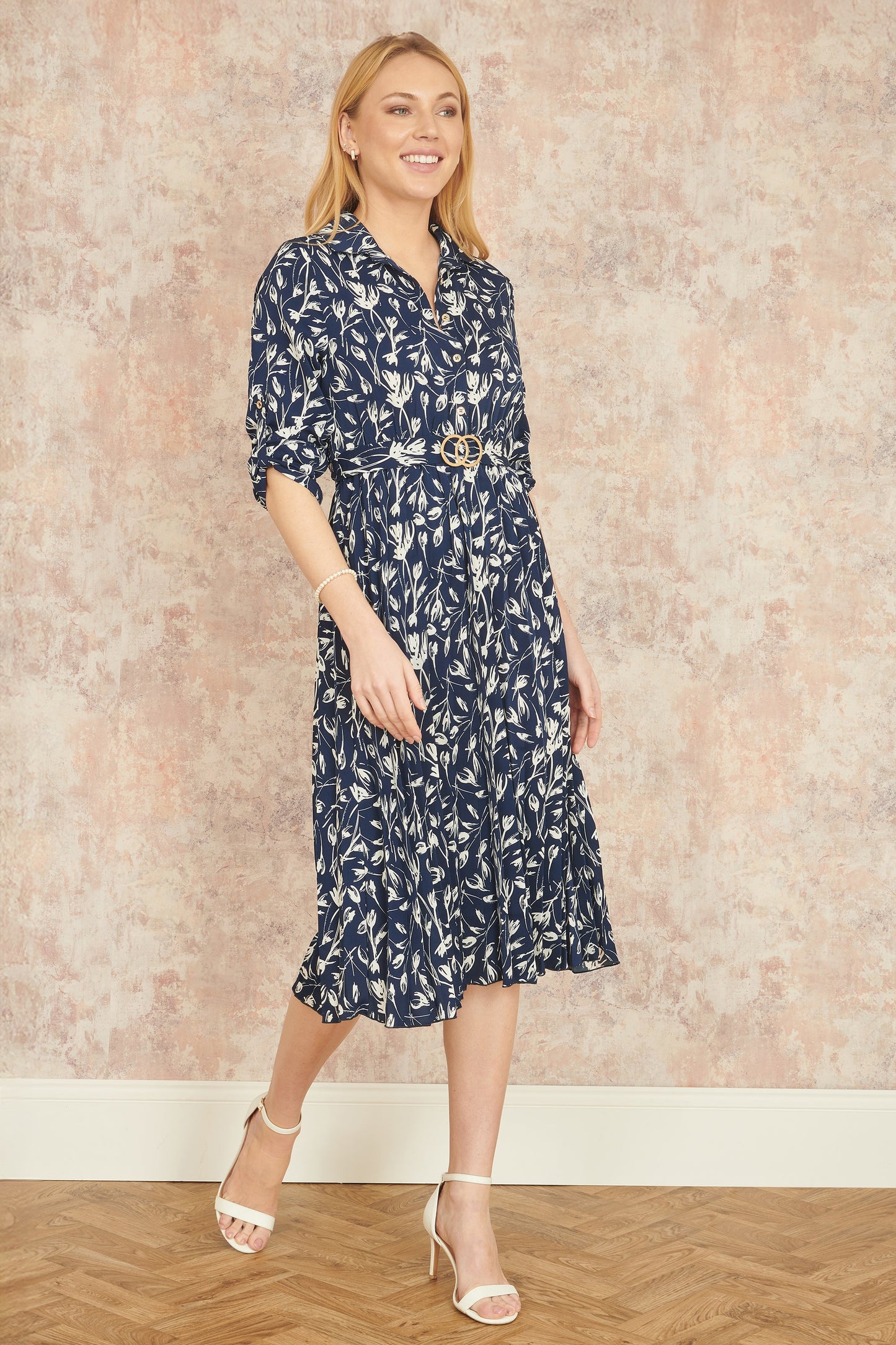 Yumi Navy Floral Print Pleated Skater Dress With Buckle