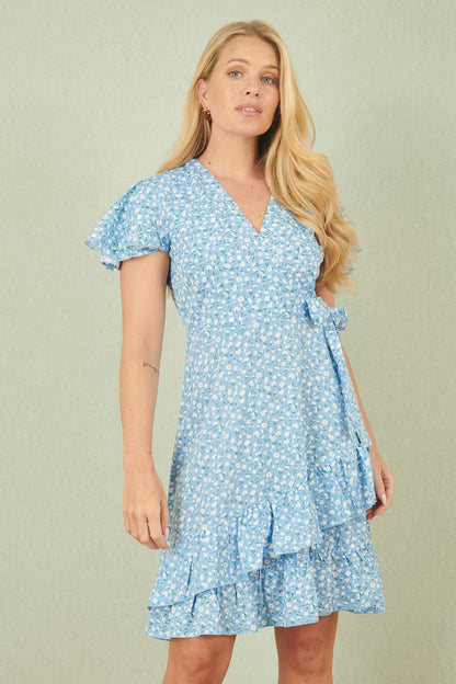 Yumi Blue Ditsy Floral Wrap Frill Dress