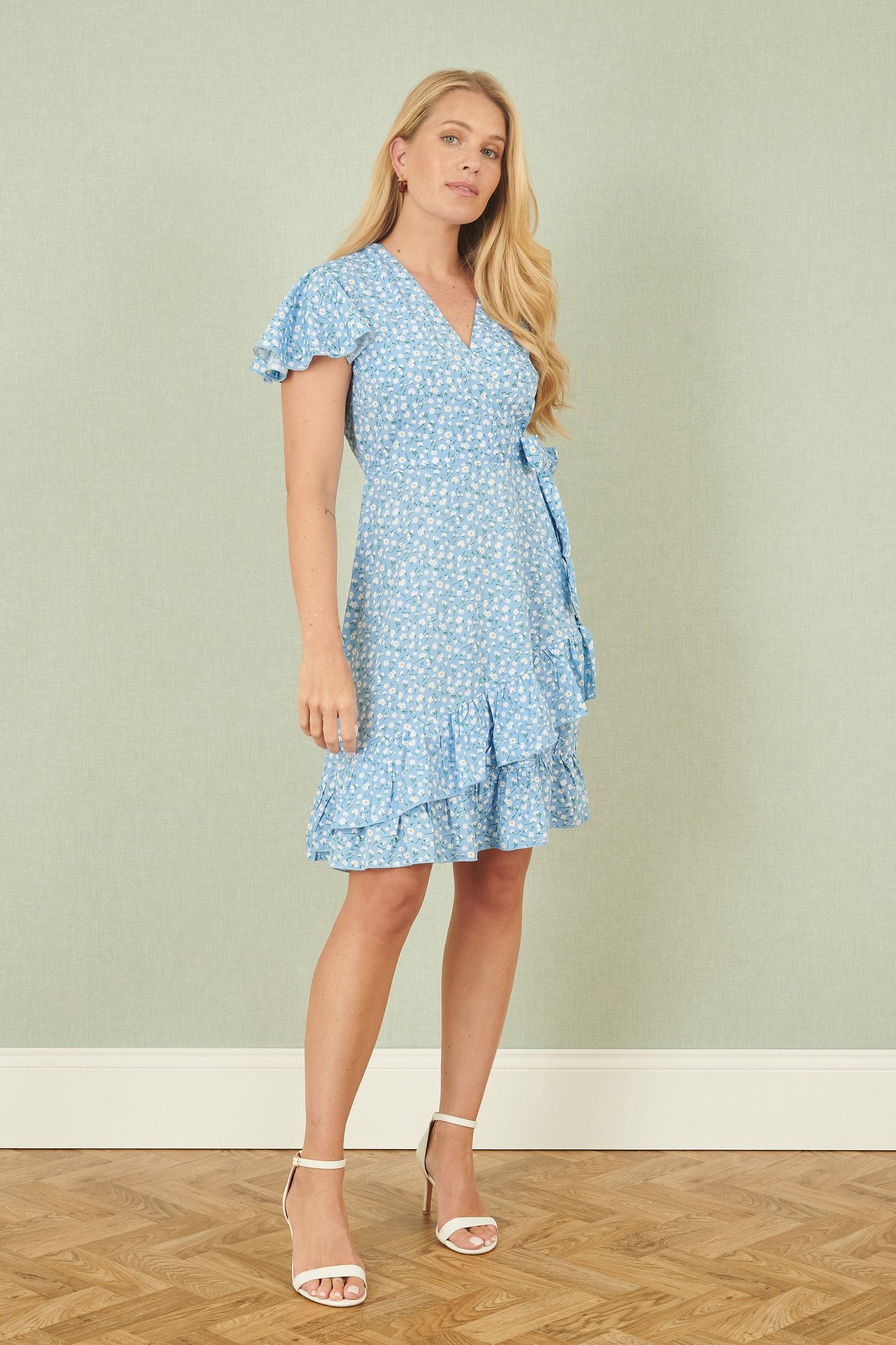 Yumi Blue Ditsy Floral Wrap Frill Dress