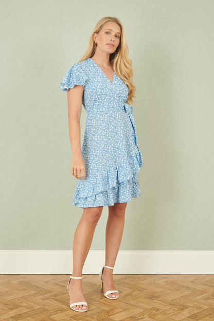 Yumi Blue Ditsy Floral Wrap Frill Dress