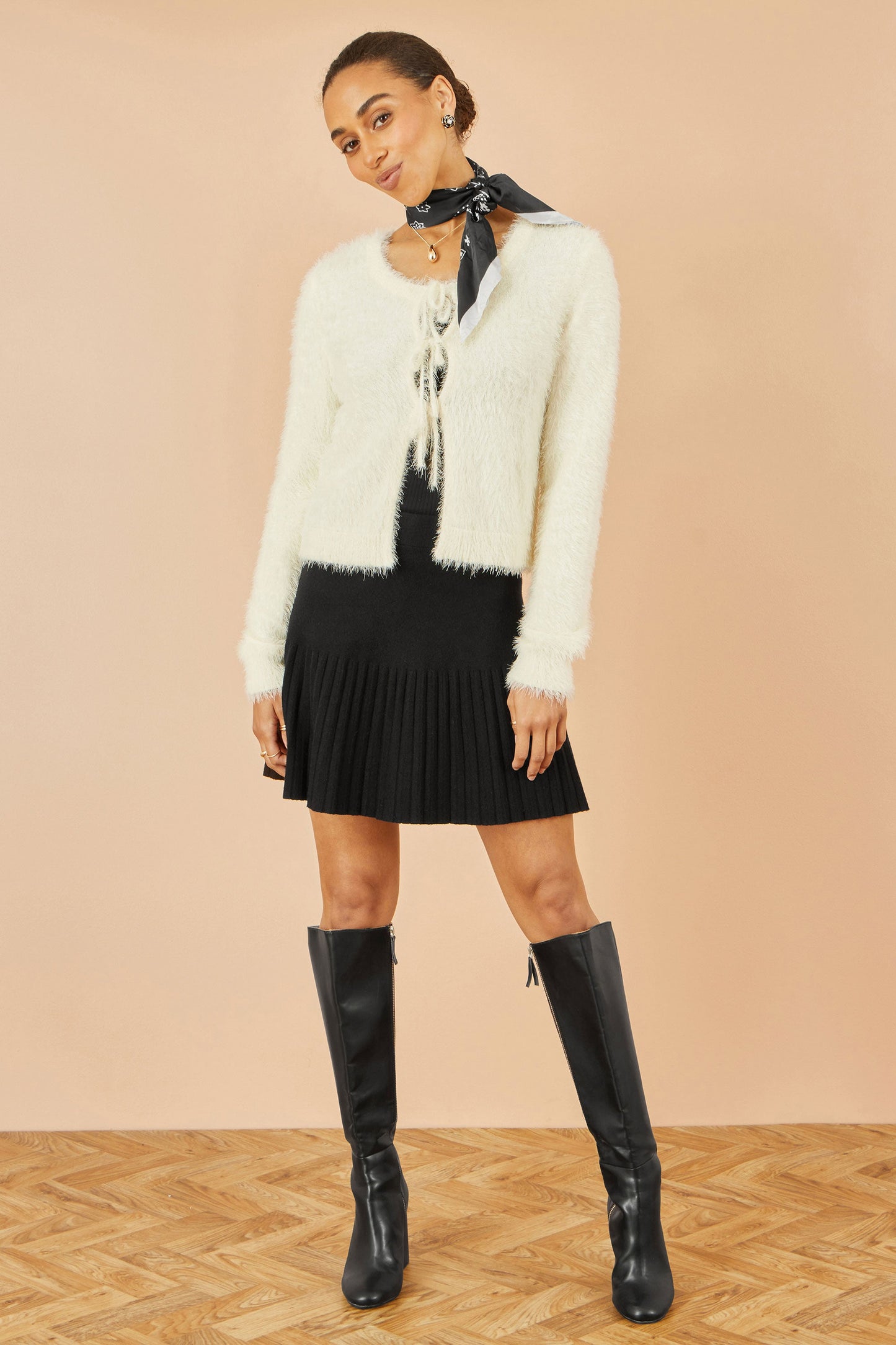 Yumi Ivory Eyelash Fluffy Knit Bolero With Tie Front