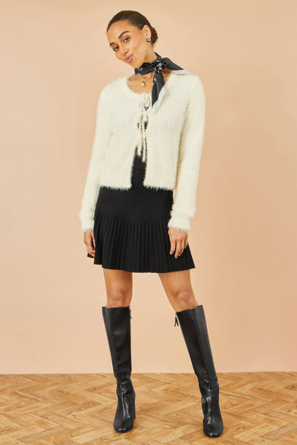 Yumi Ivory Eyelash Fluffy Knit Bolero With Tie Front
