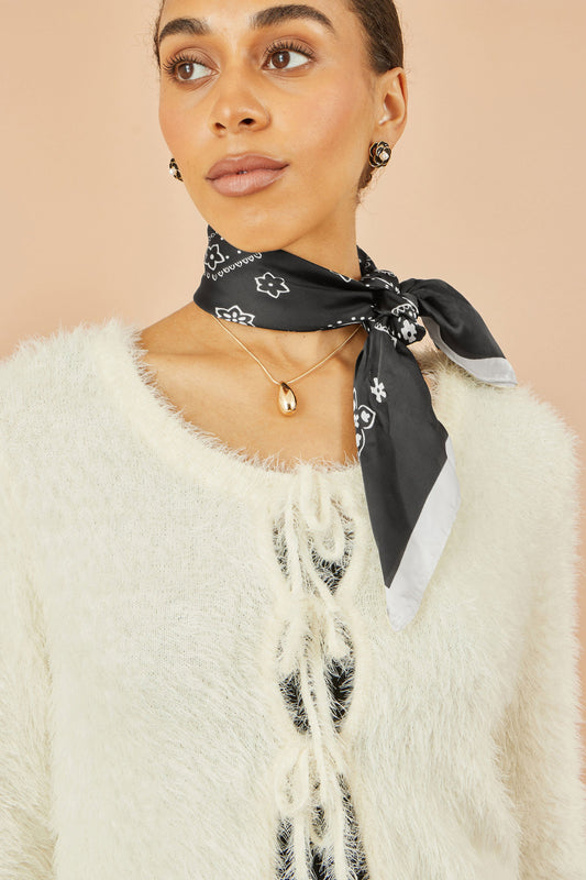 Yumi Ivory Eyelash Fluffy Knit Bolero With Tie Front