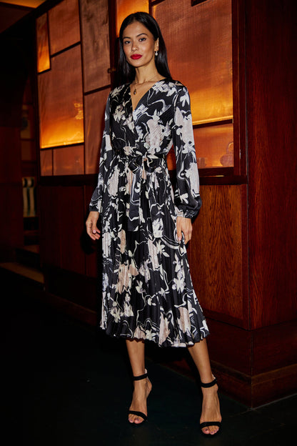 Yumi Black Floral Satin Pleated Midi Dress
