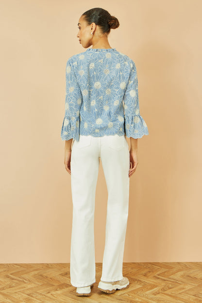 Yumi Blue Daisy Broderie Shirt With Fluted Sleeves
