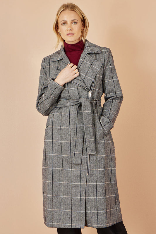 Yumi Grey Check Oversize Long Biker Coat