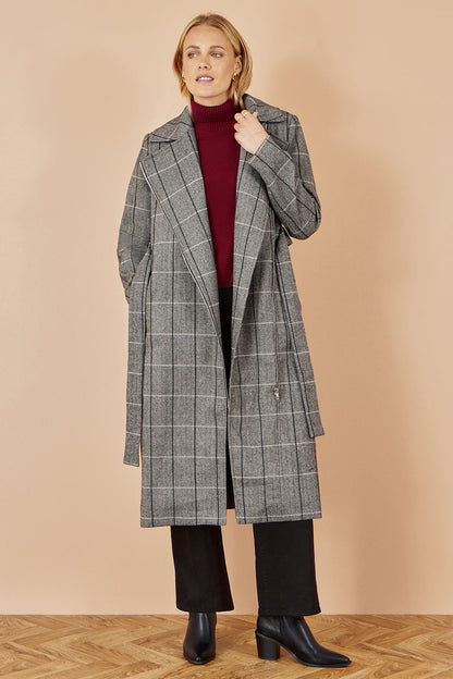 Yumi Grey Check Oversize Long Biker Coat