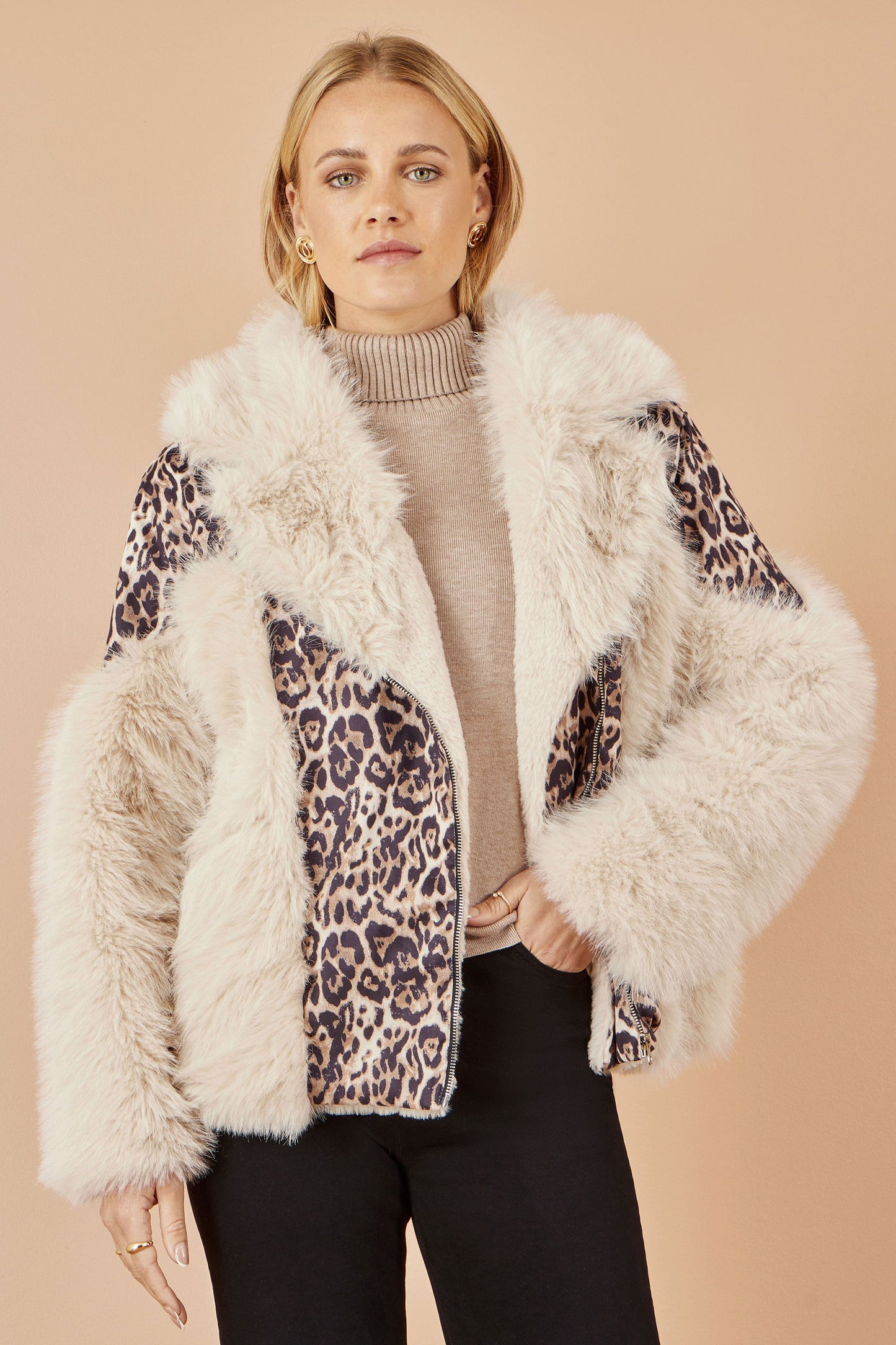 Yumi Cream Fur Biker Jacket With Leopard Print