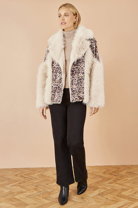 Yumi Cream Fur Biker Jacket With Leopard Print